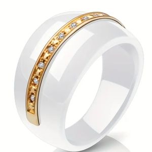 Modern White Ceramic Band Ring With Zircon accents.